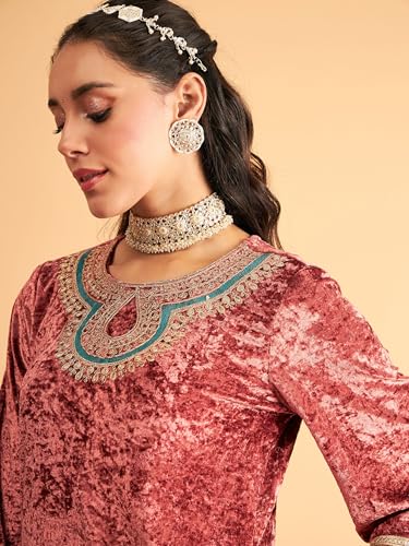 Image of Women's Velvet Floral Embroidered Straight Kurta | Round Neck Three-Quarter Sleeve Calf Length Kurti with Thread Work
