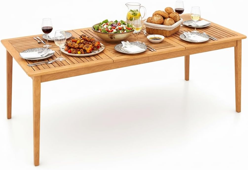 Tangkula 8-Person Outdoor Acacia Wood Dining Table, 79" x 35" Rectangular DiningTable with 1.96" Umbrella Hole, Outdoor Patio Table for Deck, Garden, Poolside and Backyard, Natural