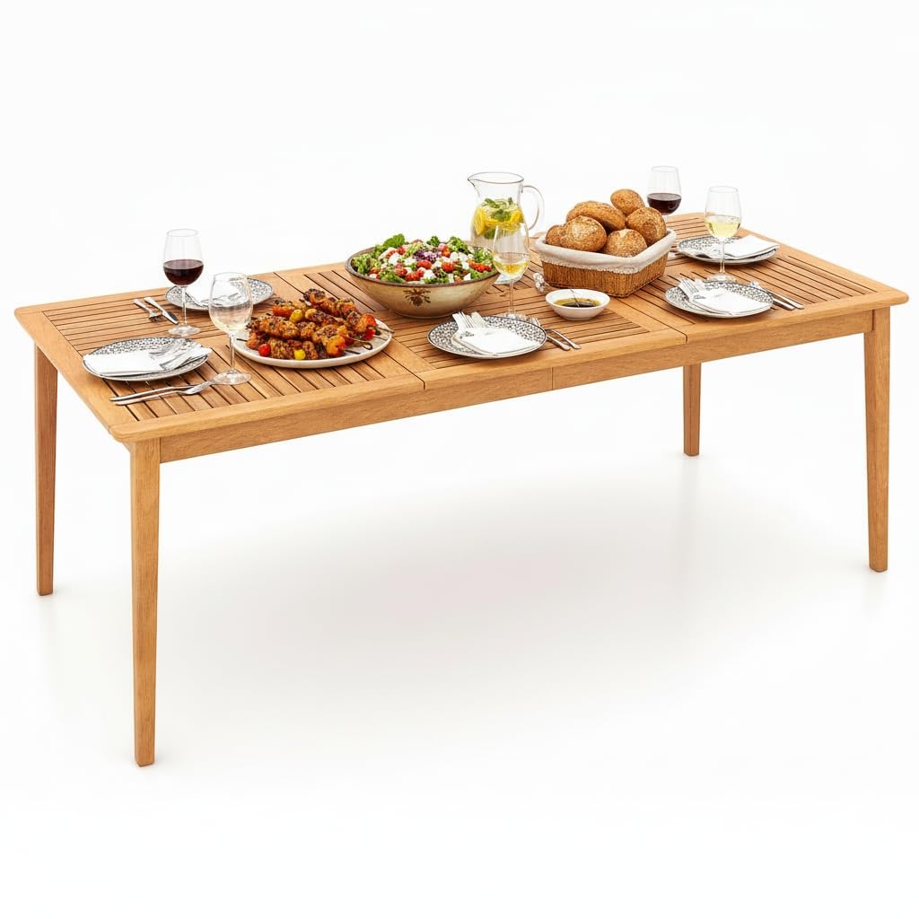 Tangkula 8-Person Outdoor Acacia Wood Dining Table, 79" x 35" Rectangular DiningTable with 1.96" Umbrella Hole, Outdoor Patio Table for Deck, Garden,
