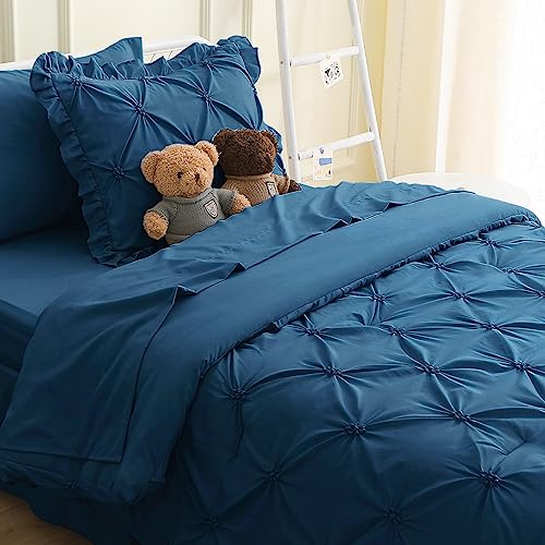 JOLLYVOGUE Teal Twin Size Comforter Sets 5 Pieces, Pintuck Bed in a Bag Comforter Set for Bedroom, Bedding Comforter Sets with Comforter, Sheets,Ruffled Shams & Pillowcases