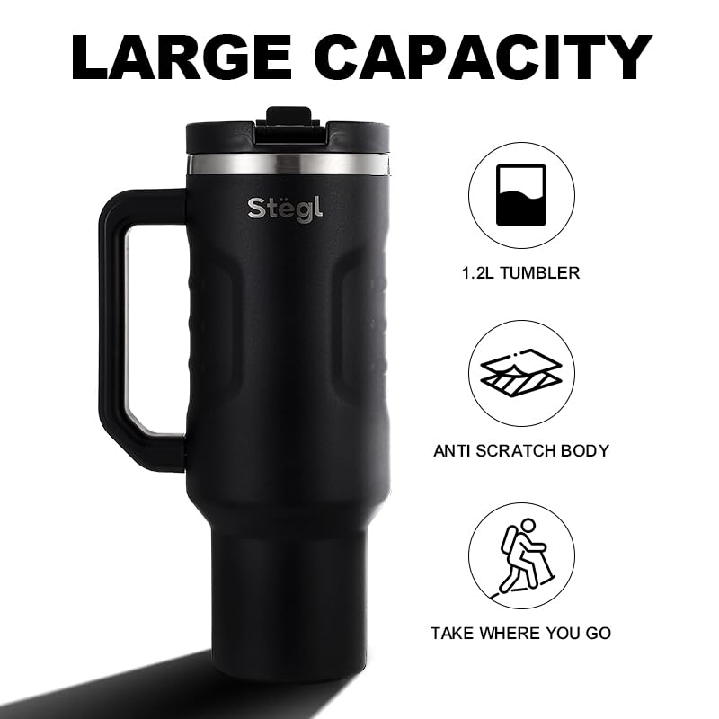 Image of Tumbler with Straw - 1.2L Insulated Coffee Tumbler with Handle | Keeps Drinks Hot 12h Cold 24h | Leakproof Travel Sipper for Office Gym | Stainless Steel Straw
