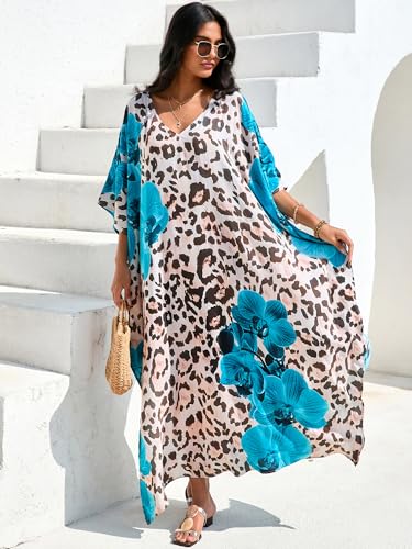 Image of Moss Rose Kaftan Dresses for Women V Neck Summer Swimsuit Cover up Caftan Maxi Beach Dresses