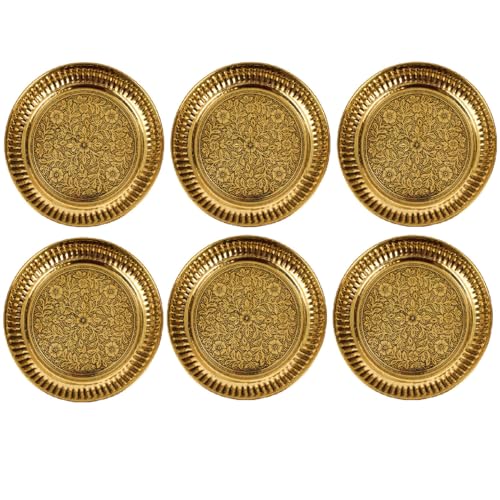 Putrika Traditional Handcrafted Brass Puja Thali | Arati Bartan Thambulam Plate - Engraved Designed Halwa Plate (13cm, 6)