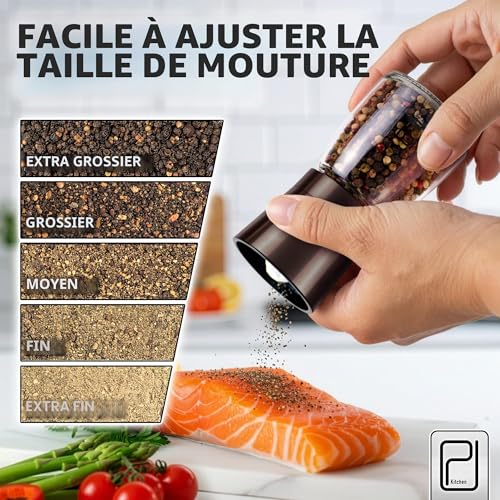 Ensemble Premium Moulins à Sel et Poivre avec Support en Bambou - 142 g, Acier Inoxydable Bronze Noir - Moulin Manuel Rechargeable et Réglable - par PJC-Kitchen – vue 6