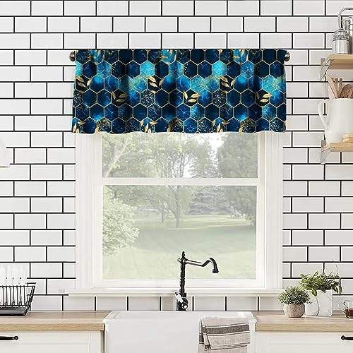 Image of Sky Blue Honeycomb Marble Window Valance Curtain, Abstract Green Marble Hexagon Texture Golden Leaves Window Treatment Valances for Kitchen Living Room Cafe Decor 54'x18', 1 Panel