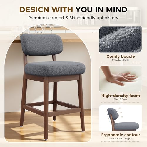 Image of Counter Height Bar Stools Set of 2, Mid-Century Modern Boucle Bar Chairs with Solid Wood Frame, Fluffy Upholstered Stools with Backrest for Kitchen Island, Home Bar, Dove Gray