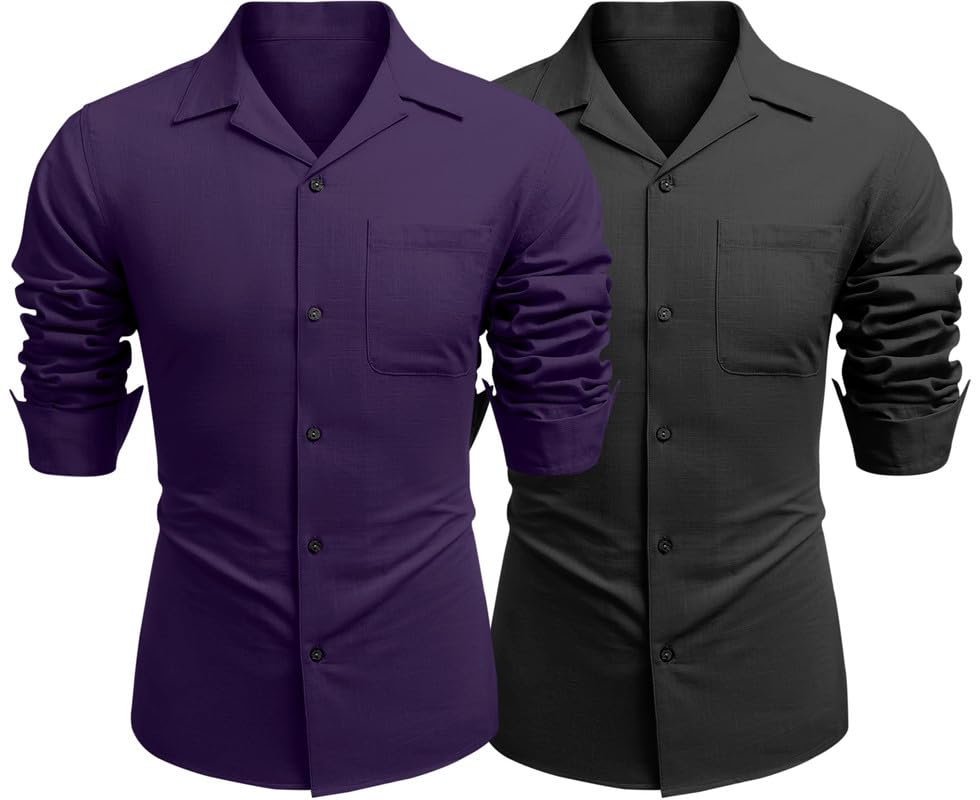 Image of Combo of Men's Casual Cotton Blend Shirt || Long Sleeve Button Down with Spread Collar | Lightweight Breathable Fabric | Stylish Solid Shirt for Beach, Office & Everyday Wear Pack of 2