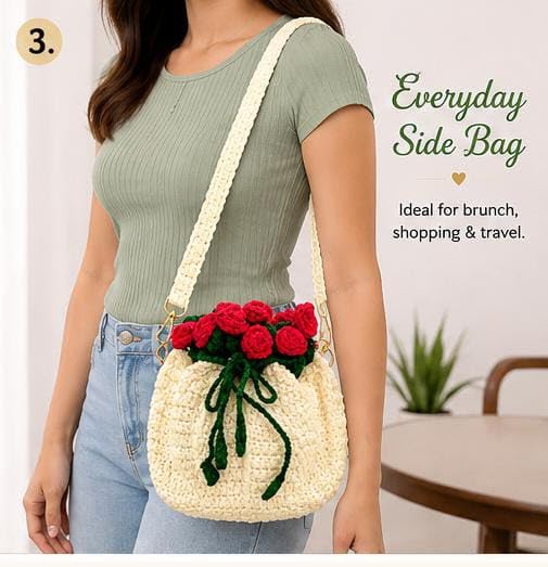 Image of Handmade Crochet Flower Crossbody Sling Bag for Women | Boho Knitted Bucket Shoulder Purse Rose Design