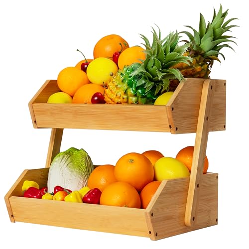 Bamboo Fruit Basket For Kitchen counter, 2 Tier Fruit Holder 11" Tall For Fruit and Vegetable Storage, Heavy Duty, Multipurpose, Large Capacity for Vegetables, Fruit, and Snack Display