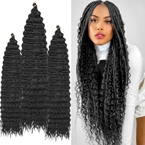 3 Piezas Extensiones Pelo Natural Rizado, Deep Wave Crochet Hair, Pelo Ganchillo para Boho Trenzas, Curl Crochet Hair, Ombre Deep Wave Crochet Pelo para Mujeres Niñas (30inch+24inch+18inch)