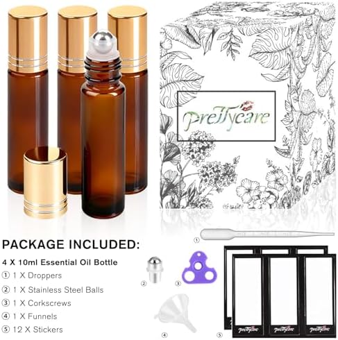 PrettyCare 4 Pack Amber Glass Oil Roller Bottles for Essential Oils 10ml, Roll On Bottles with Stainless Steel Roller Ball Leak-Proof Perfume Travel Refillable Bottle Empty, Beauty & Personal Care - 1