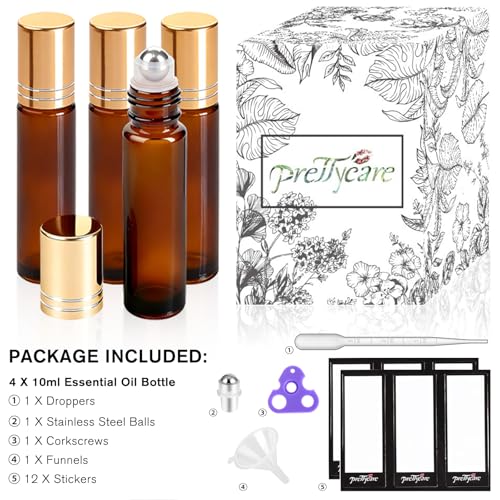 PrettyCare 4 Pack Amber Glass Oil Roller Bottles for Essential Oils 10ml, Roll On Bottles with Stainless Steel Roller Ball Leak-Proof Perfume Travel Refillable Bottle Empty, Beauty & Personal Care