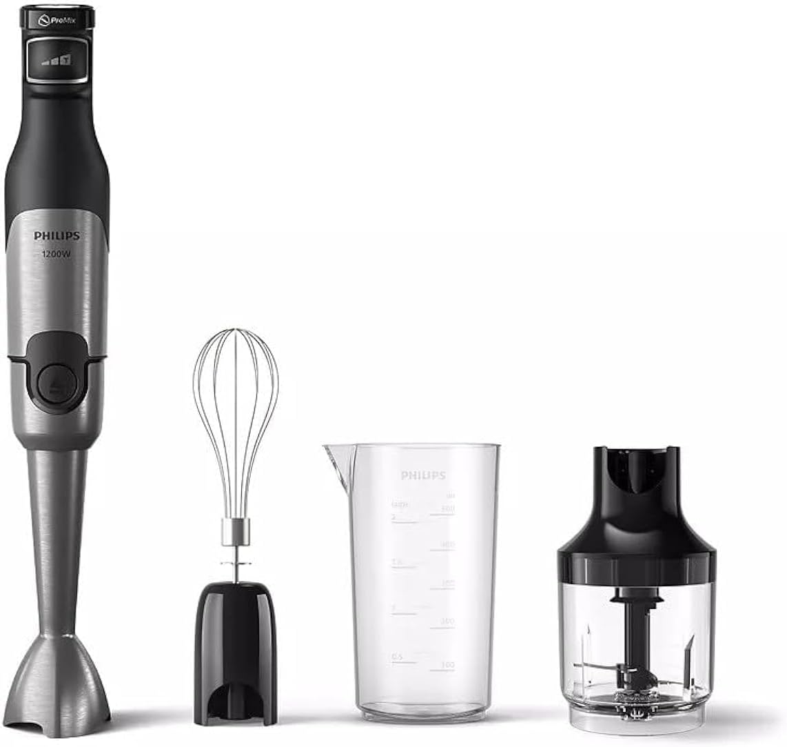 Philips Hand Blender 5000 Series - 1200W, Anti- Splash Guard, SpeedTouch Technology, LED Speed Indicator, Chopper, Whisk, Compact, Black/Metal - HR2683/00
