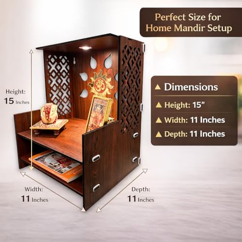 Image of Zesta Wooden Mandir for Home Big Size | DIY Pooja Mandir with LED Spot Light | Devghar Cabinet for Living Room or Office | Wall Mounted Pooja Unit for Home (Brown Big)