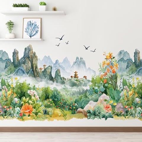 AM AMAONM Chinese Style Nature Mountain Landscapes View Wall Stickers Watercolor Green Plants Flowers Wall Decals 3D Peel and Stick Wall Art Decor for Nursery Home Wall Corner Cover