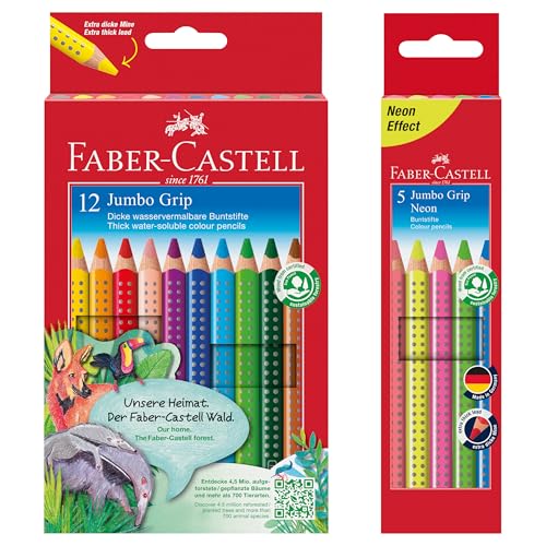 Faber-Castell 110912 Jumbo Grip Buntstifte für Kinder, 12er-Jumbo-Buntstifte-Set, Malstifte mit Grip und dreieckigem Schaft, wasserlöslichen Pigmenten, leicht auswaschbar (5er Set Neon + 12er Set)