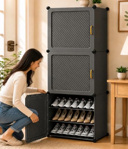 Image of EXVITO Plastic Shoe Rack for Home with Door, 3-Door Shoe Storage Cabinet | 6-Shelfs for 12 Pairs | Waterproof & Portable DIY Shoe Slipper & Chappal Stand for Entryway /Bedroom - Grey