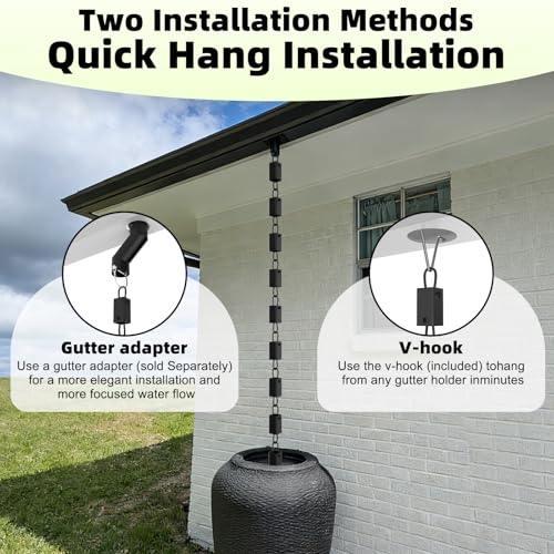 Yantuo Square Rain Chain, 8.5 Feet Length, 2.36inch Big Size Cup, Rain Chains Direct Functional and Decorative Replacement for Gutter Downspouts, Black Powder Coated, V Gutter Clip Included, Black