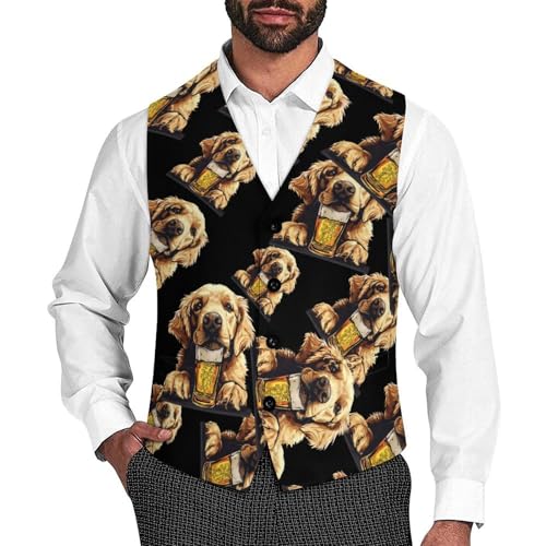 Retriever Dog Beer Men's Suit Vest Waistcoat Vests Formal Dress with 2 Pockets for Business Casual Tuxedo