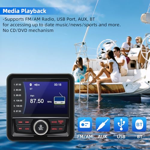 Marine Boat Stereo Gauge Receiver - Audio Systems, 3.9 Inch Video Playback, Wireless Connection, AM/FM, USB Port, AUX, No CD DVD Player Radio Receiver, MP5 Player Radio Receiver