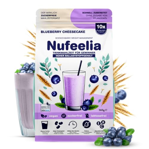 Nufeelia Trinkmahlzeit Blueberry Cheesecake – Wissenschaftlich basierter Diät Shake – Vegan, Zuckerfrei, Laktosefrei – Hoher Ballaststoff- & Protein-Gehalt – 10 Portionen – Sättigt Stundenlang – 560g