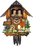 Orig. Reloj de cuco de la Selva Negra (certificado), mecanismo de 1 día, mecánico, casa, 31 cm, música, figuras de danza, bebedores de cerveza y rueda de molinillo, Selva Negra