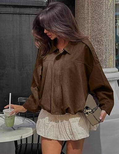 Women's Cropped Suede Bomber Jacket Long Sleeve Zipper Y2k Pilot Outerwear4