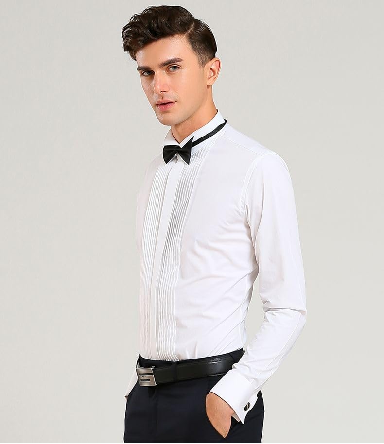 Men's Tuxedo Dress Shirt Wing Collar Front Pleat French Cuffs with 2 Bow Ties Button Down Shirts - Image 2