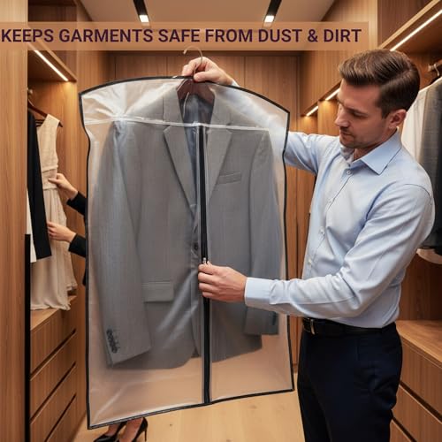 Image of Coat Cover | Foldable Rexin Blazer & Suit Cover with Zipper | Transparent Garment Bag for Wardrobe Storage | Dust & Moisture Protection Clothing Organizer - Set of 4 | Height-36 inch