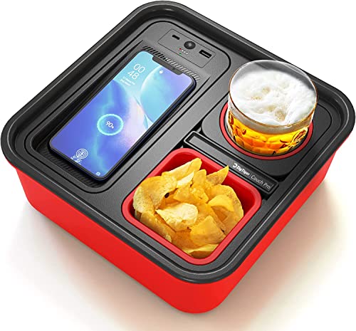 Zigtiger Cup Holder Tray with 1000mAh Wireless Power Bank, Couch/Sofa Drink Caddy with Self Balancing Snack & Cup Holder, Couch Organizer for RV, Car, Game, Sofa, USB A+C Port