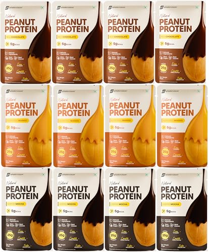 Image of SparkFusion Natural Peanut Protein Isolate- 12 Pack -25g Protein, 5g BCAA, Zero Sugar, Gut-Friendly, Vegan, Lab-Tested, No Artificial Additives (444g, Assorted Flavour)