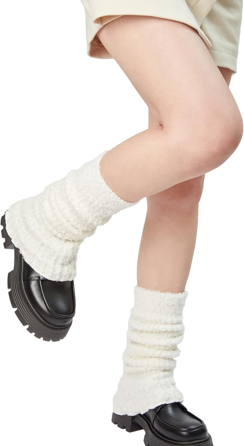 Lunedear Womens Fuzzy Leg Warmers Knit Ankle Socks Winter Warm Ruffle Leg Sleeves Warmer College Concert Thick Boot Socks