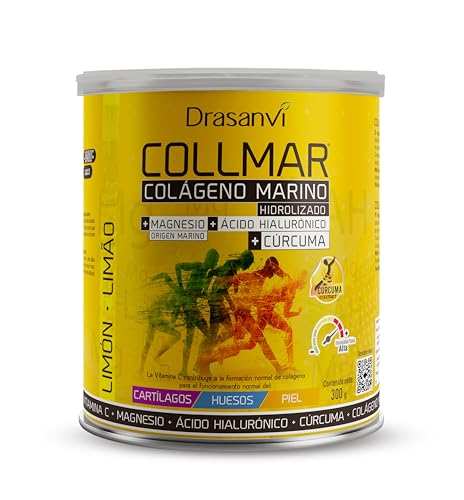 Drasanvi COLLMAR Colágeno Marino Hidrolizado + Cúrcuma con Magnesio, Vitamina C, Ácido Hialurónico para bienestar articular y muscular, asimilación 9.355 mg/día, 300 g de polvo = 26 días, Sabor Limón