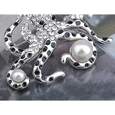 Alilang Silver Tone Faux Pearl Clear Crystal Colored Rhinestones Octopus Brooch Pin