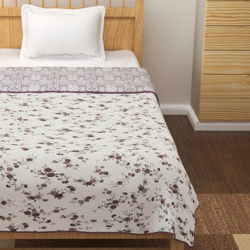 Image of Story@Home Dohar Single Bed Cotton 100% | 150GSM 144 X 220 cm Quilt AC Blanket for Summer | AC Comforter Single Bed | Burgundy & White, Floral Reversible Design Duvet | All-Season Blanket