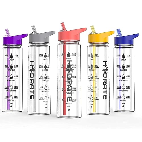 HYDRATE Water Bottles Motivational premium 900ml water bottles with straw – Daily water intake with Time Markings, BPA-Free. Leak proof Ideal for hydration at office, gym. (Coral)