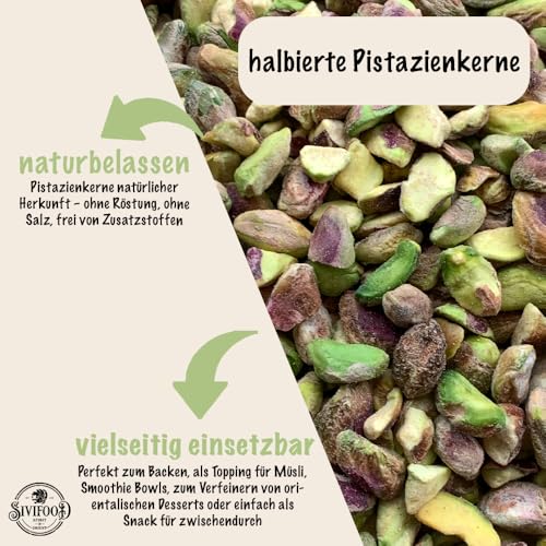 SIVIFOOD halbierte Pistazienkerne 250g - Pistazien Snack grün naturbelassen halbiert ungesalzen unbehandelt zum Backen in Premium Qualität vegan Topping für Baklava Kuchen Eis pistachio kernels