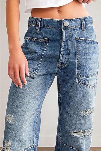 Barrel Jeans for Women Ripped Mid Rise Baggy Wide Leg Jeans Distressed Stretch Denim Pants Jeans with Pockets4