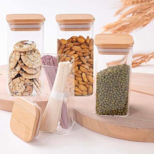 Image of MARTVIA Glass Food Storage Jars with Bamboo Lids 350ml Set of 4, Wide Mouth Lid Jar for Home Kitchen,Flour, Sugar, Coffee, Pasta, Oats, Grains, Cookies, Snacks (Sqaure 350 ML Jar, SET OF 4)