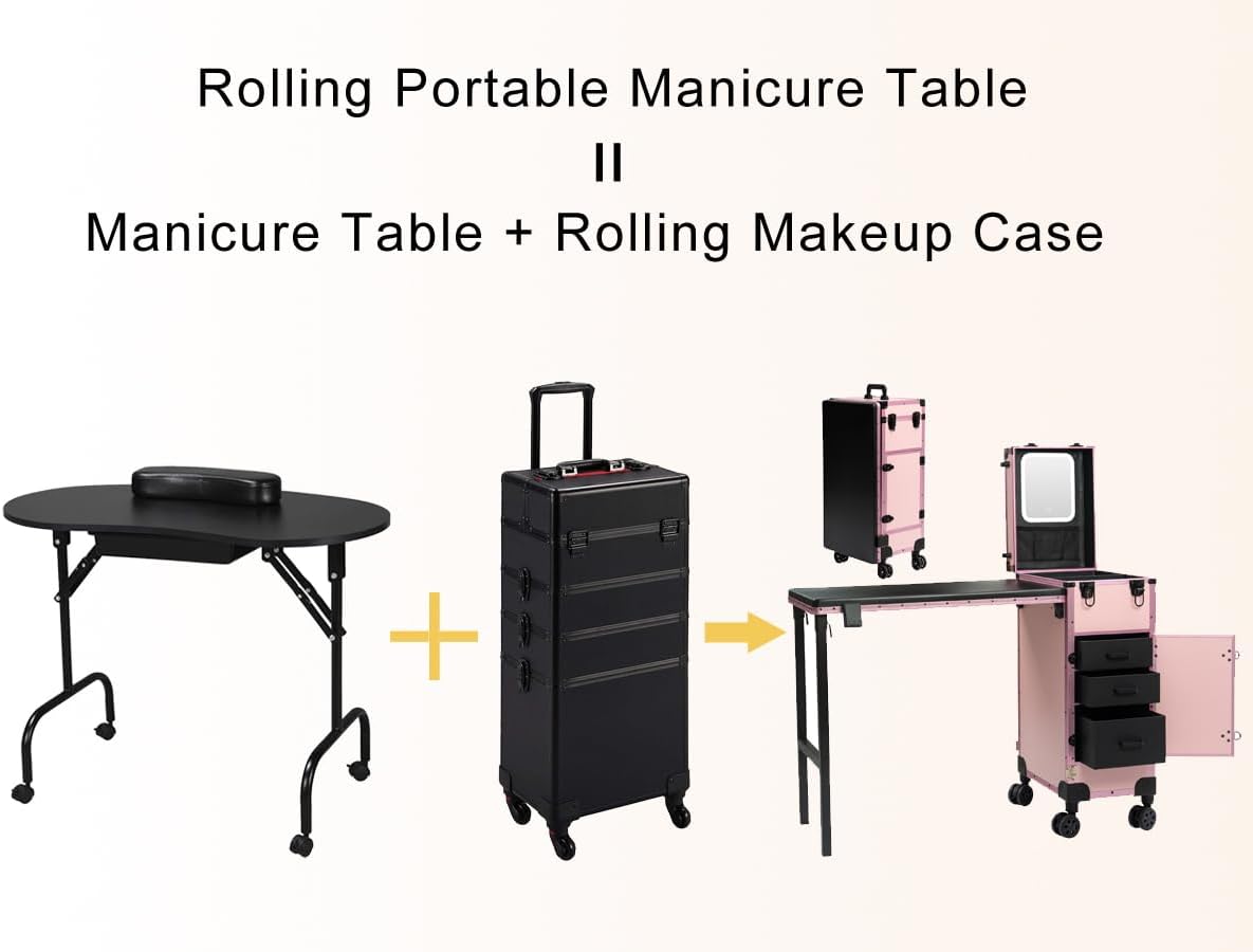Portable Manicure Table with 3 Drawers, Rolling Foldable Nail Desk with Detachable Mirror, Professional Makeup Train Case with Wheels and TSA Lock for Nail Techs & Salon Use