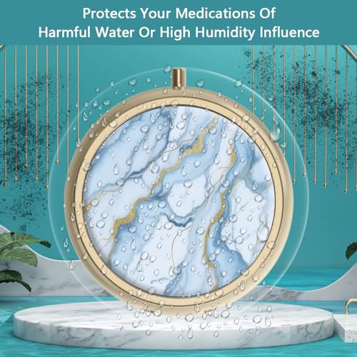 Image of Pill Case Pill Box with Mirror Retro 3 Compartment Small Pill Case for Purse or Pocket Bronze Small Roud Pill Box or Vitamins, Fish Oil, Supplements, Pill Containe Travel Gifts( White Blue Marble)