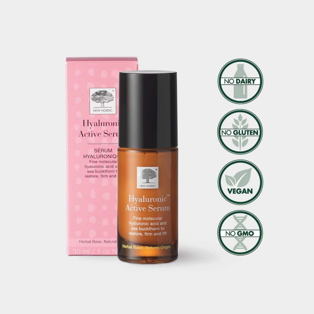 New Nordic | Sérum actif hyaluronique | Sérum visage anti-âge végétalien avec acide hyaluronique, squalane et argousier pour raffermir, soulever et restaurer la peau | 30 ml