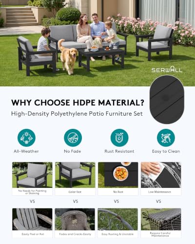 Image of SERWALL HDPE Outdoor Patio Furniture Set Outdoor Couch | All Weather Outdoor Sectional with Coffee Table, Black Frame & Gray Cushions