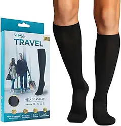 Meia Viagem de Avião Evita Trombose 3/4 Vitall Travel Média Compressão 18-21 mmHg Com Ponteira Preta Unissex