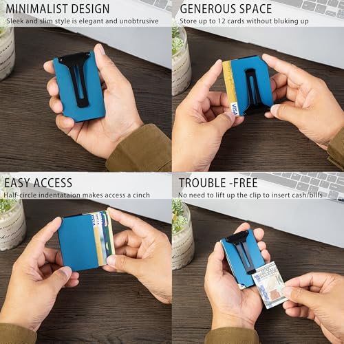 Image of Minimalist Carbon Fiber Wallet for Men, Money Clip Cash Strap Wallet, RFID Blocking Metal Wallet Aluminum Card Holder,Front Pocket Wallet(Matte Blue)