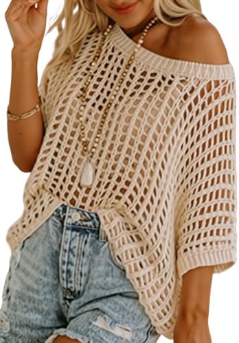 Sidefeel Women&#39;s Crochet Tops Short Sleeve Sweater 2024 Fashion Hollow Out Scoop Neck Pullover Knit Tops Cover Ups
