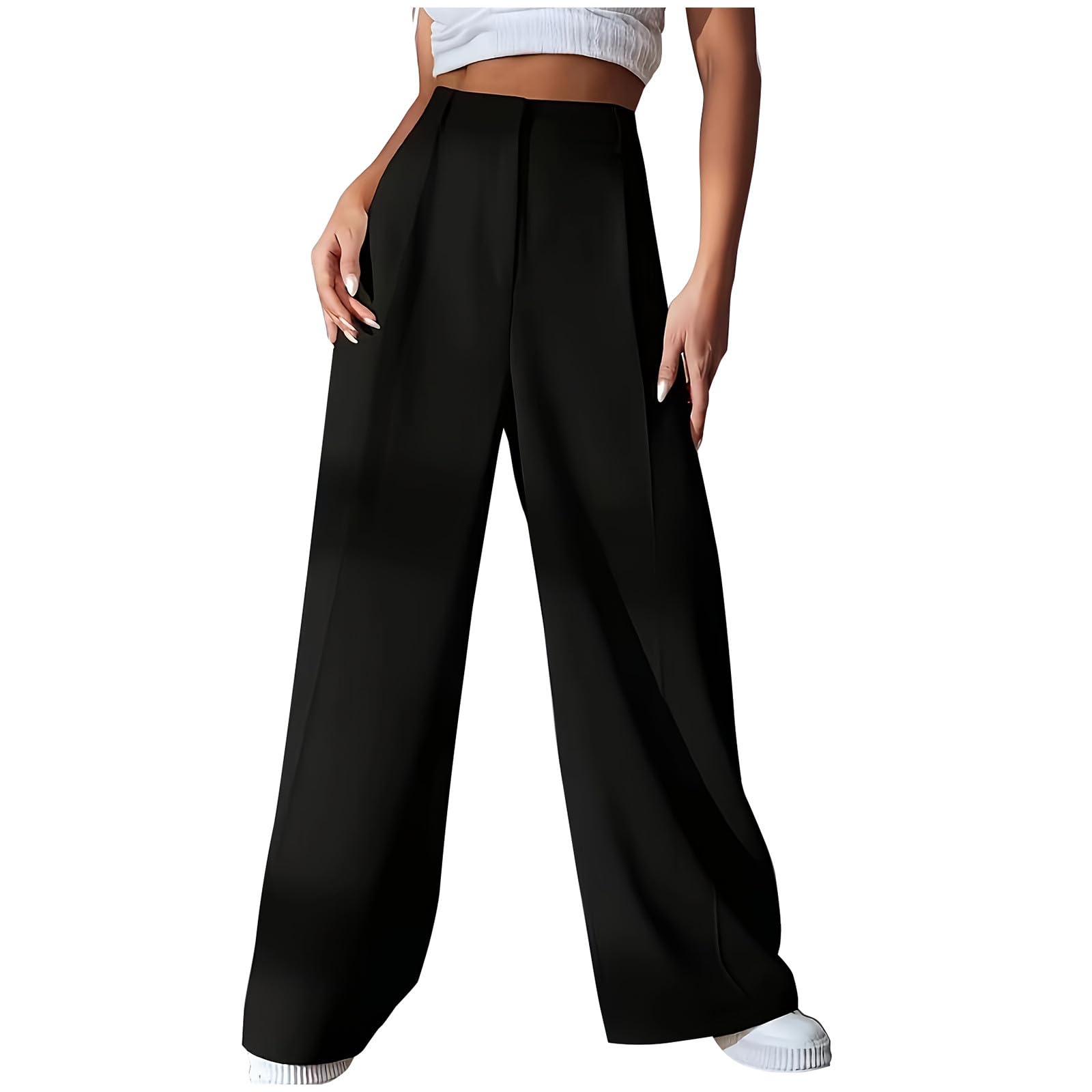 Women's Casual Dressy Suit Pants Wide Leg High Waisted Pant Solid Color Baggy Pants Lightweight Business Work Trousers