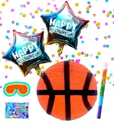 Basket Ball Pinatas for Sports Theme Parties, Perfect Birthday Decorations, Centerpiece, Pinatas for Boys and Party Props includes with Buster Stick, Blindfold, Confetti, and 2 Balloons