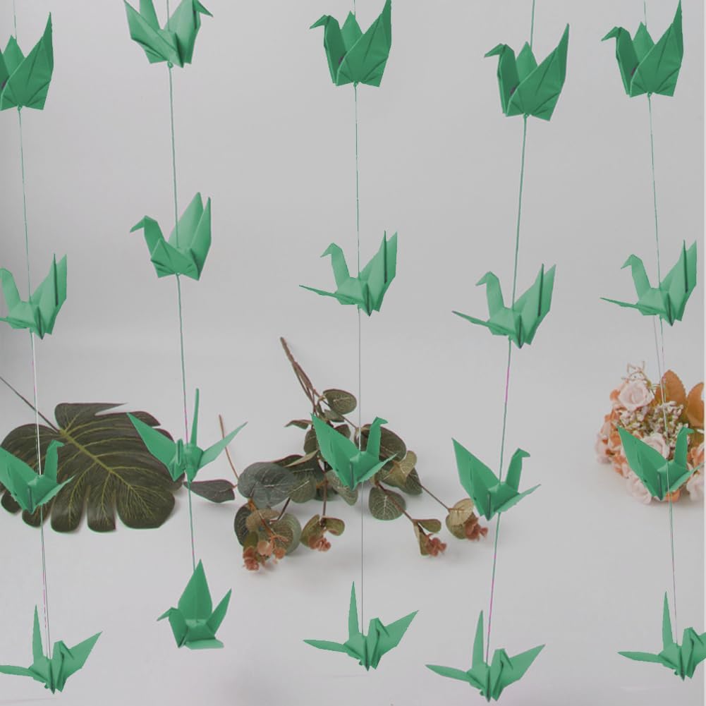 Green Paper Crane Hanging Garlands (3x5.2ft, 30 Origami Birds) - 3D Streamers for Bridal Shower, Baby Shower, Birthday Party Decor