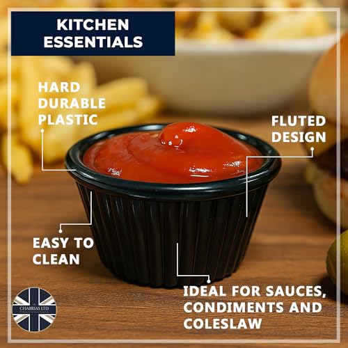 Chabrias Pack of 24 Fluted Traditional Ramekins Condiment Pots, Sauce Ramekins, Dip Bowls, Tough Plastic Sauce Pots, Made in England (Black 1.5oz) - Image 4